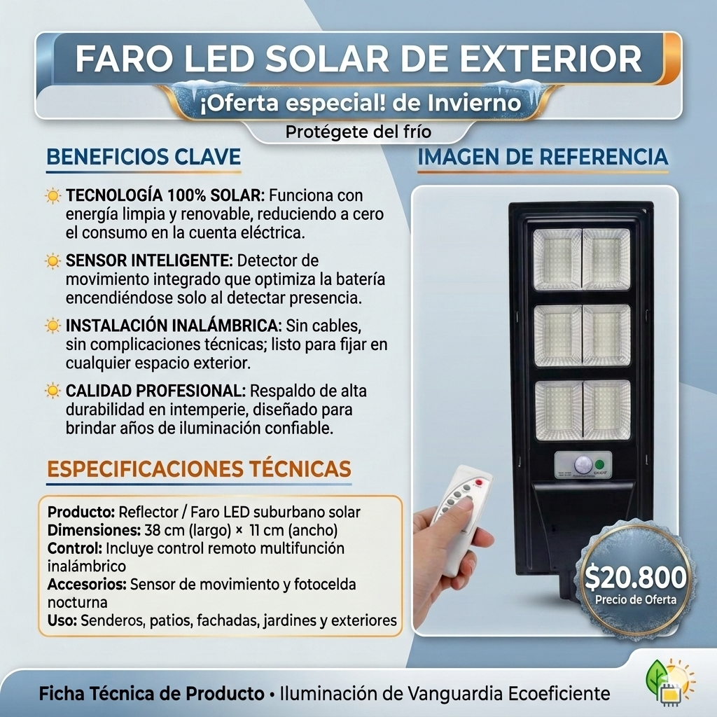 Faro LED Solar Renovable para Exteriores